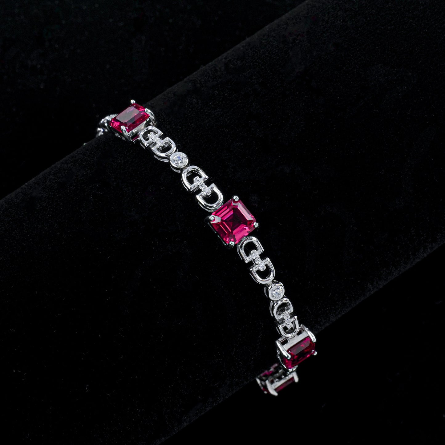 S925 Silver Square Ruby Bracelet, Geometric Hollow Chain - Photo 2