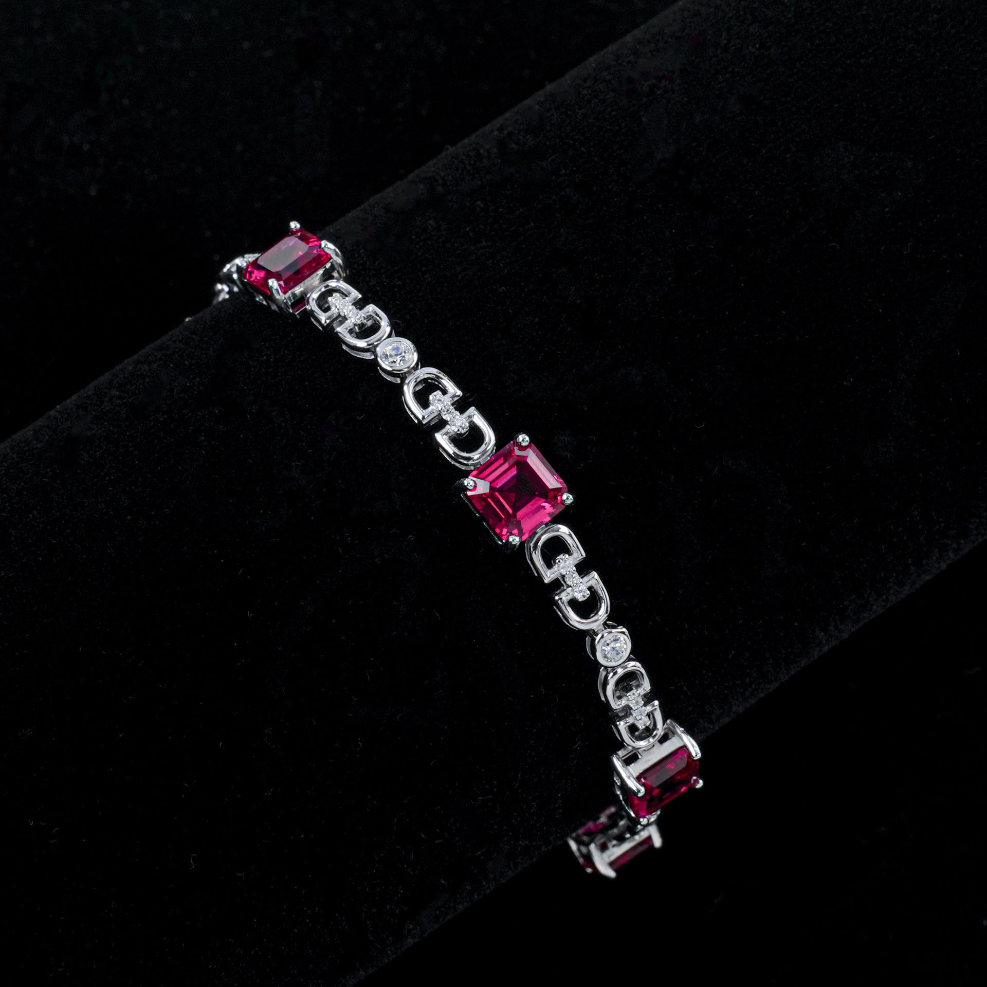 S925 Silver Square Ruby Bracelet, Geometric Hollow Chain - Photo 2