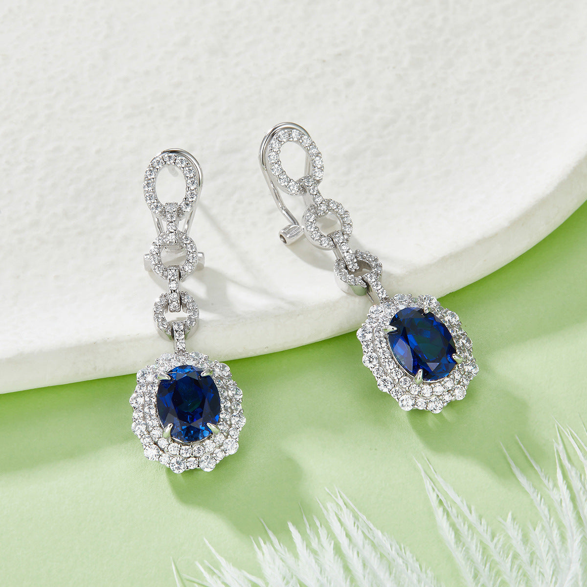 S925 Silver Oval Lab Sapphire Halo Ear Hooks, Birthday Gift - Photo 2