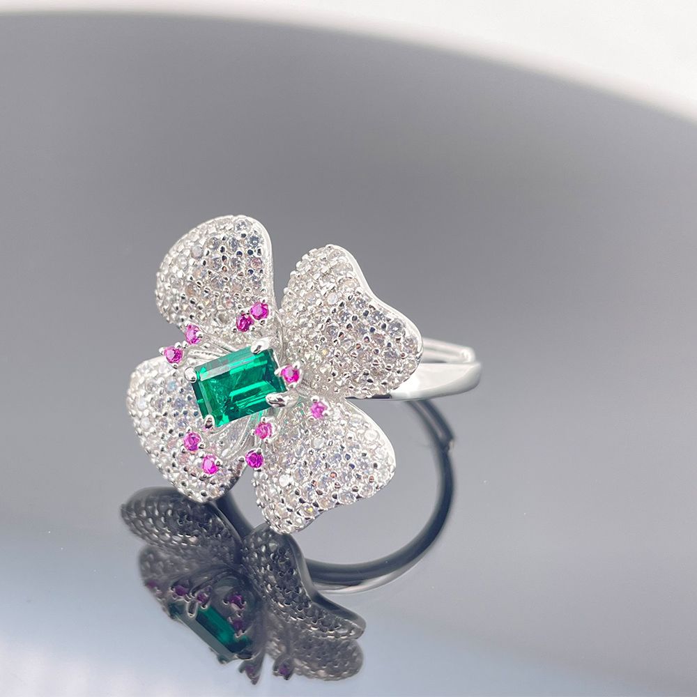 S925 Sterling Silver Gemstone Flower Ring, Designer Versatile Premium - Photo 4