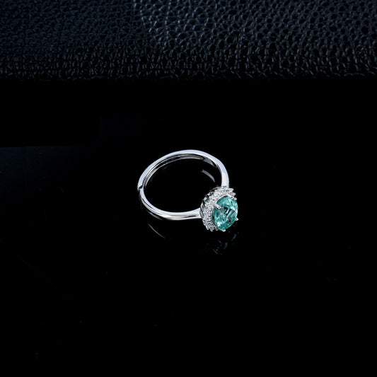 S925 Silver Oval Paraiba Tsavorite Sunflower Multi-Diamond Halo Open Ring - Photo 3