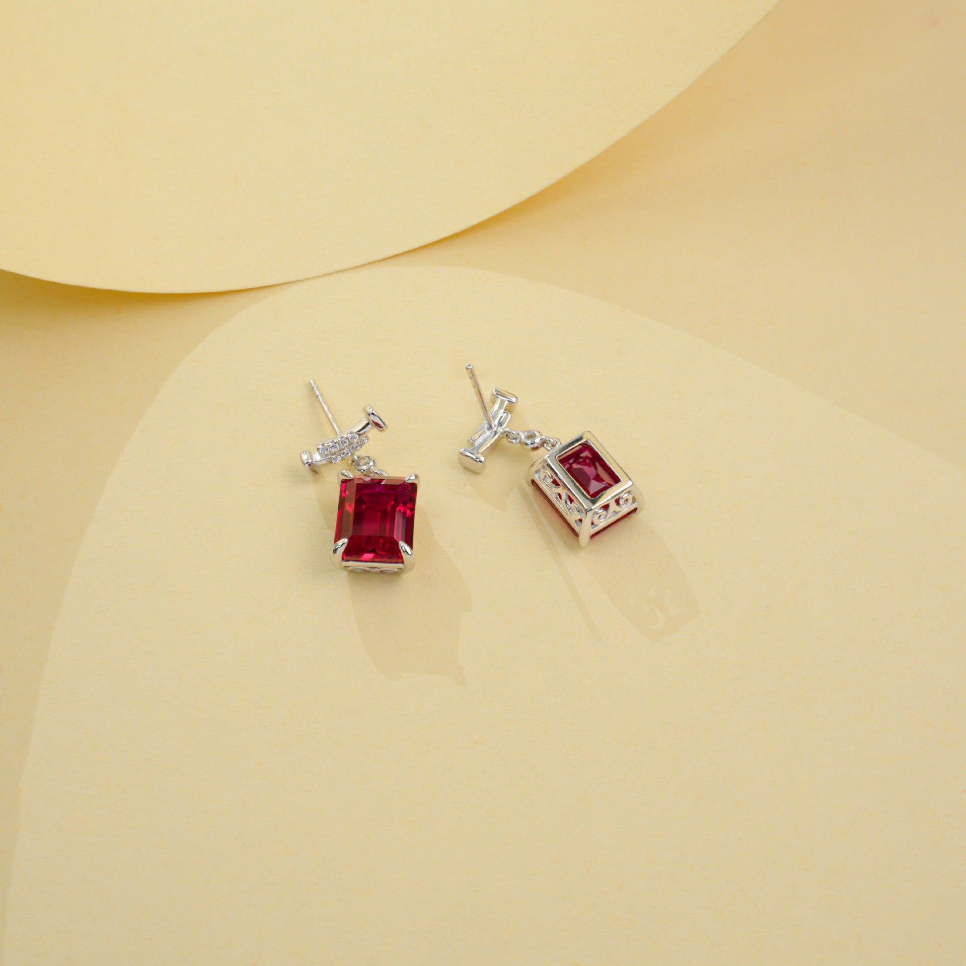 S925 Sterling Silver Lab Ruby Rectangular Earrings, Premium - Photo 3
