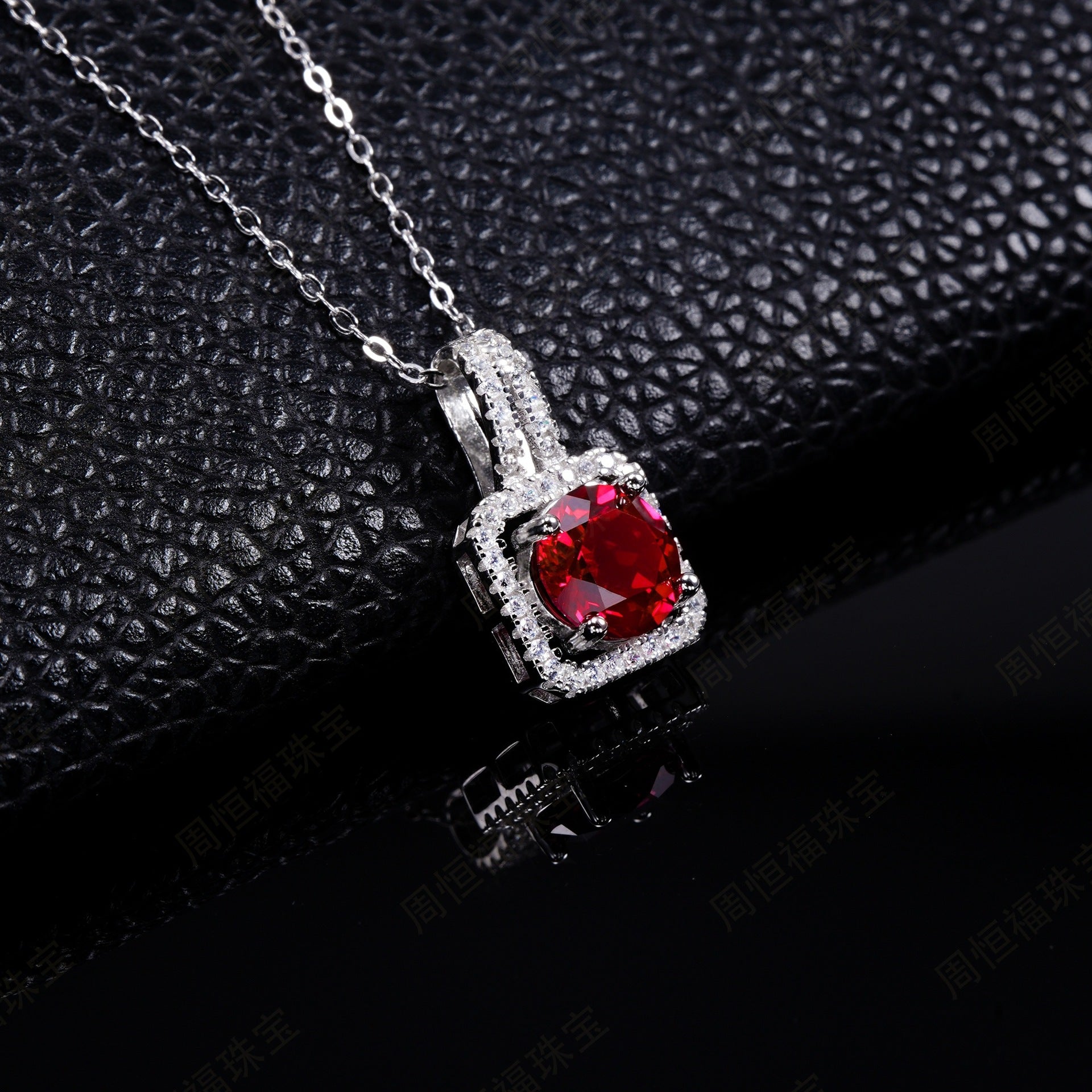 S925 Sterling Silver Square Lab Ruby Halo Pendant Necklace, Premium - Photo 3