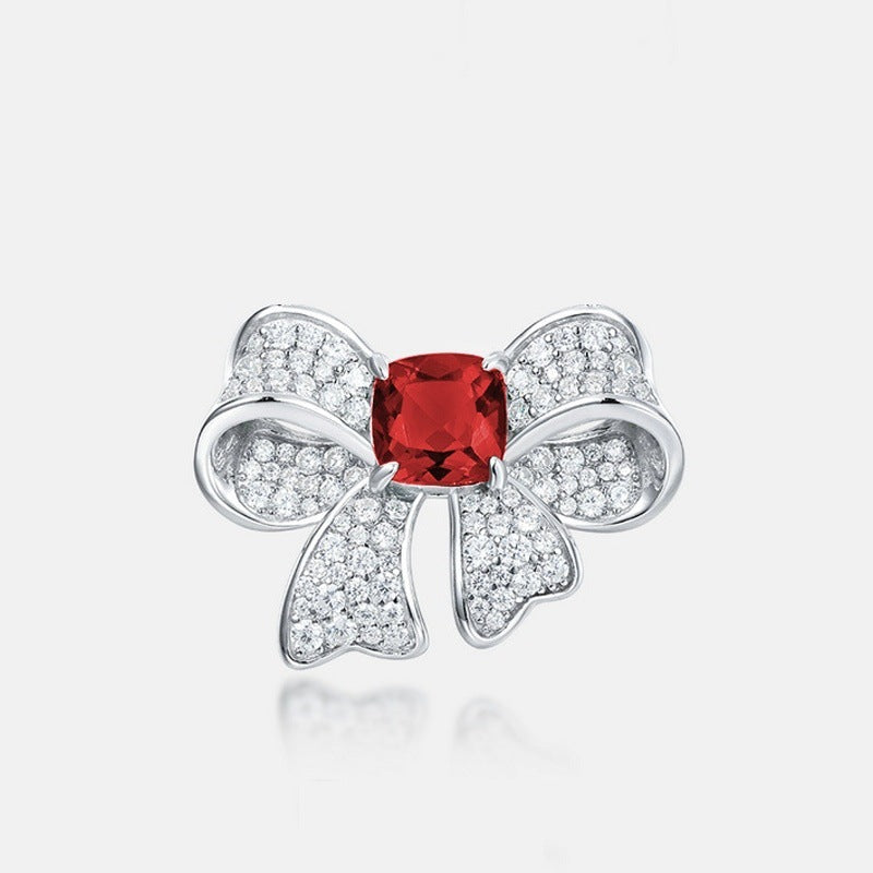 S925 Silver Full Diamond Bow Ruby Ring Adjustable, Design - Photo 2