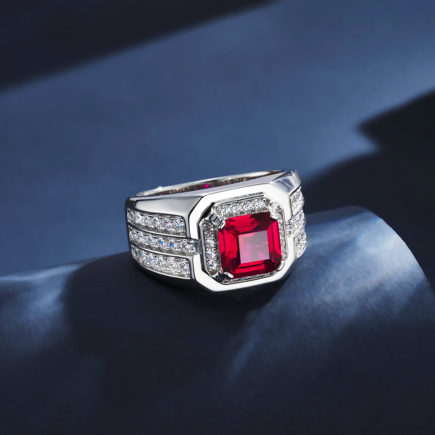 925 Sterling Silver Lab Ruby Men's Pave Square Ring - Photo 2
