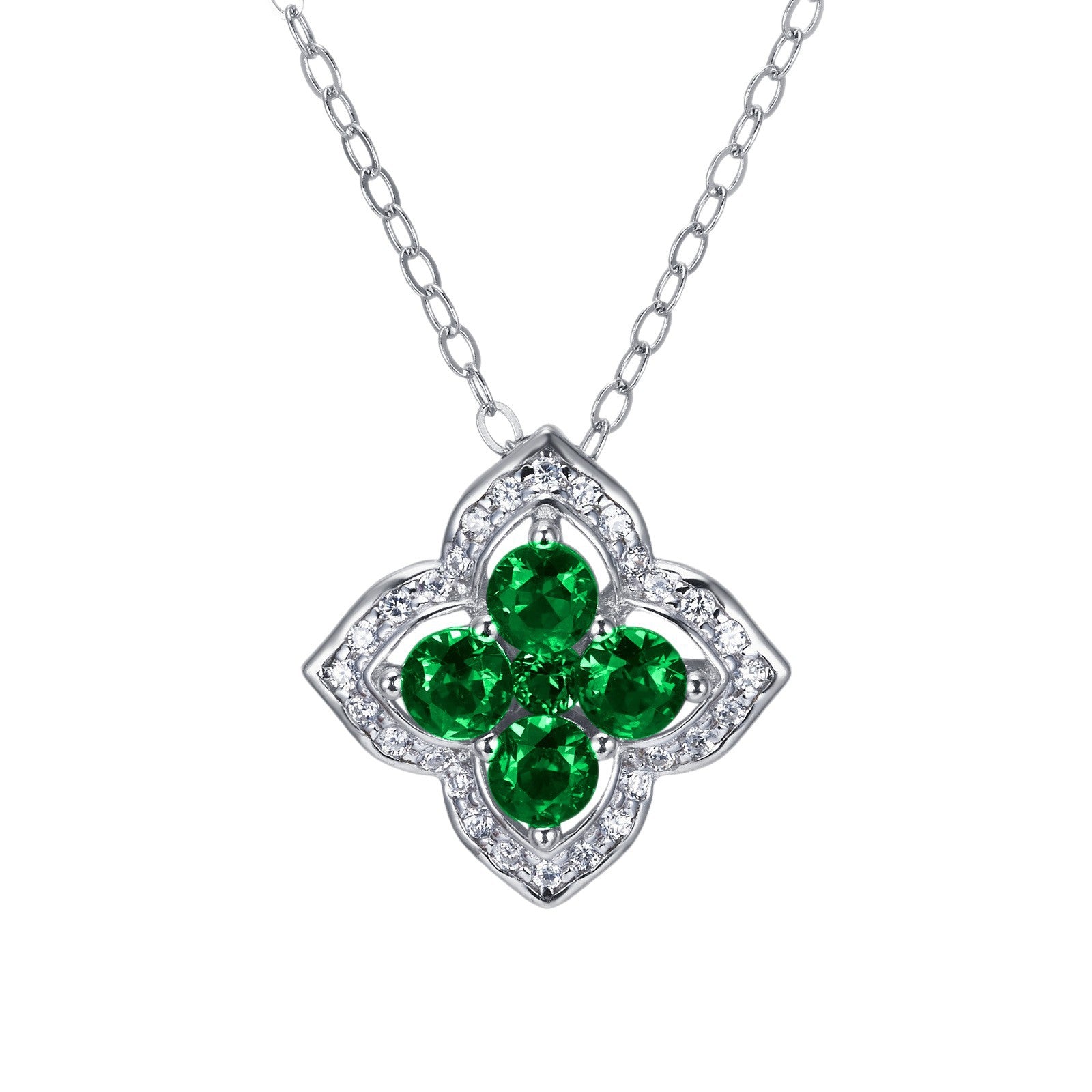 S925 Sterling Silver Lab Emerald Four-Leaf Clover Halo Pendant Necklace, Premium for Women - Photo 5