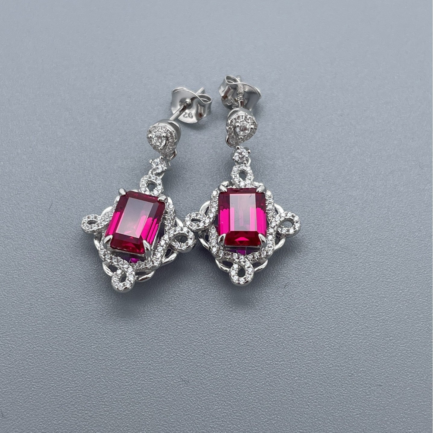 S925 Sterling Silver Lab Ruby Earrings Chinese Style Halo, for Women - Photo 4