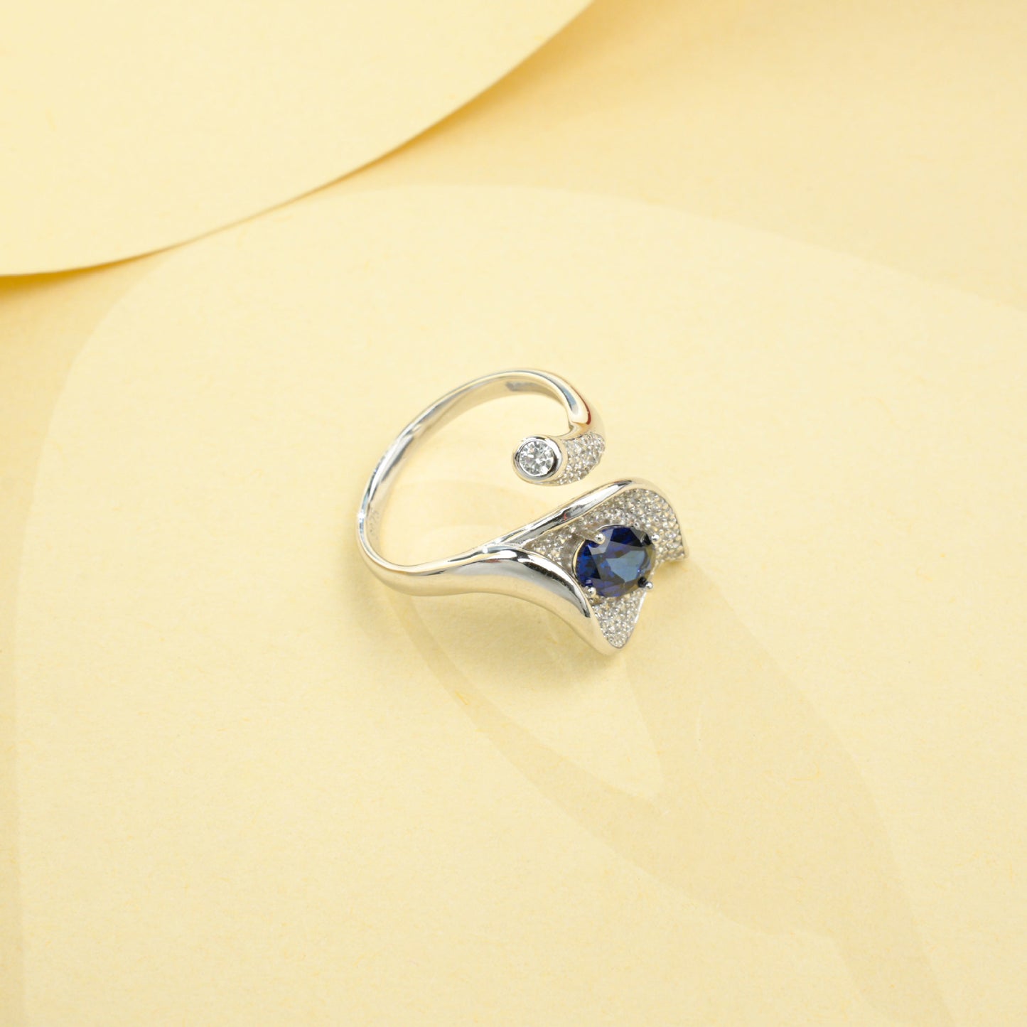 925 Sterling Silver Lab Sapphire Calla Lily Open Pave Ring, Premium for Women - Photo 4