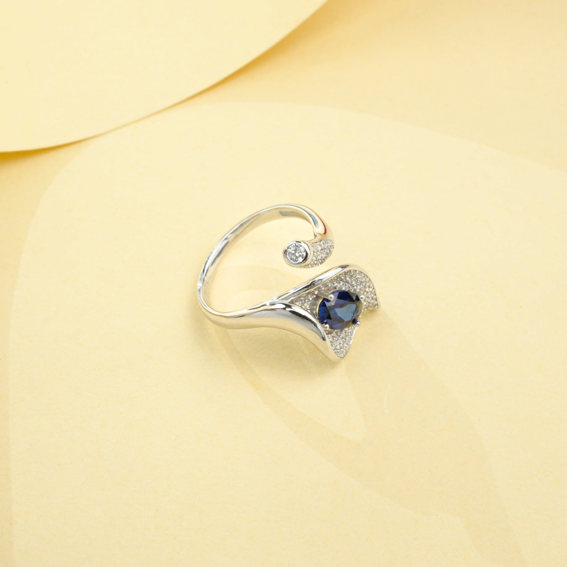 925 Sterling Silver Lab Sapphire Calla Lily Open Pave Ring, Premium for Women - Photo 4