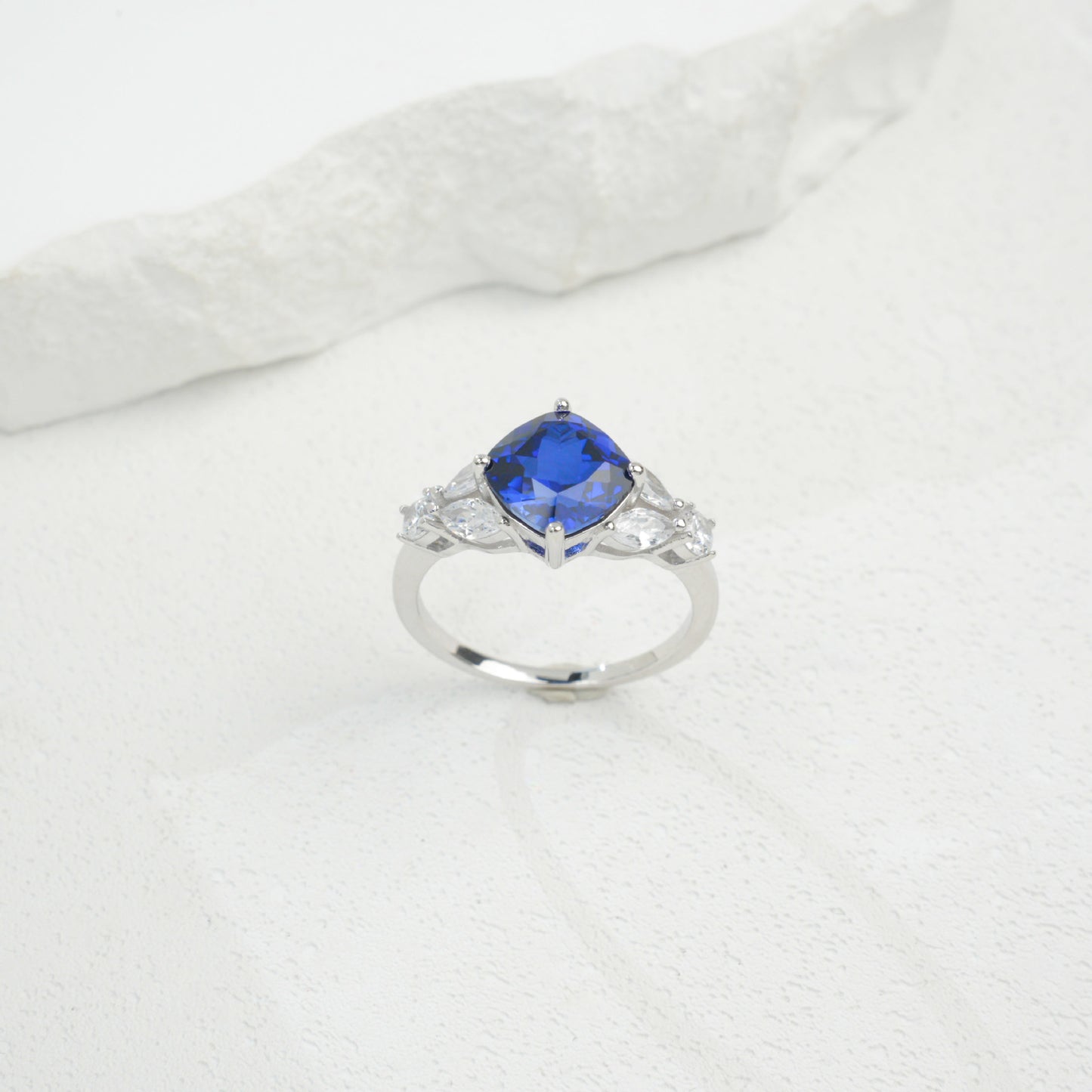 Bold Square Sapphire Sterling Silver Ring, Diamond Ring Proposal - Photo 3