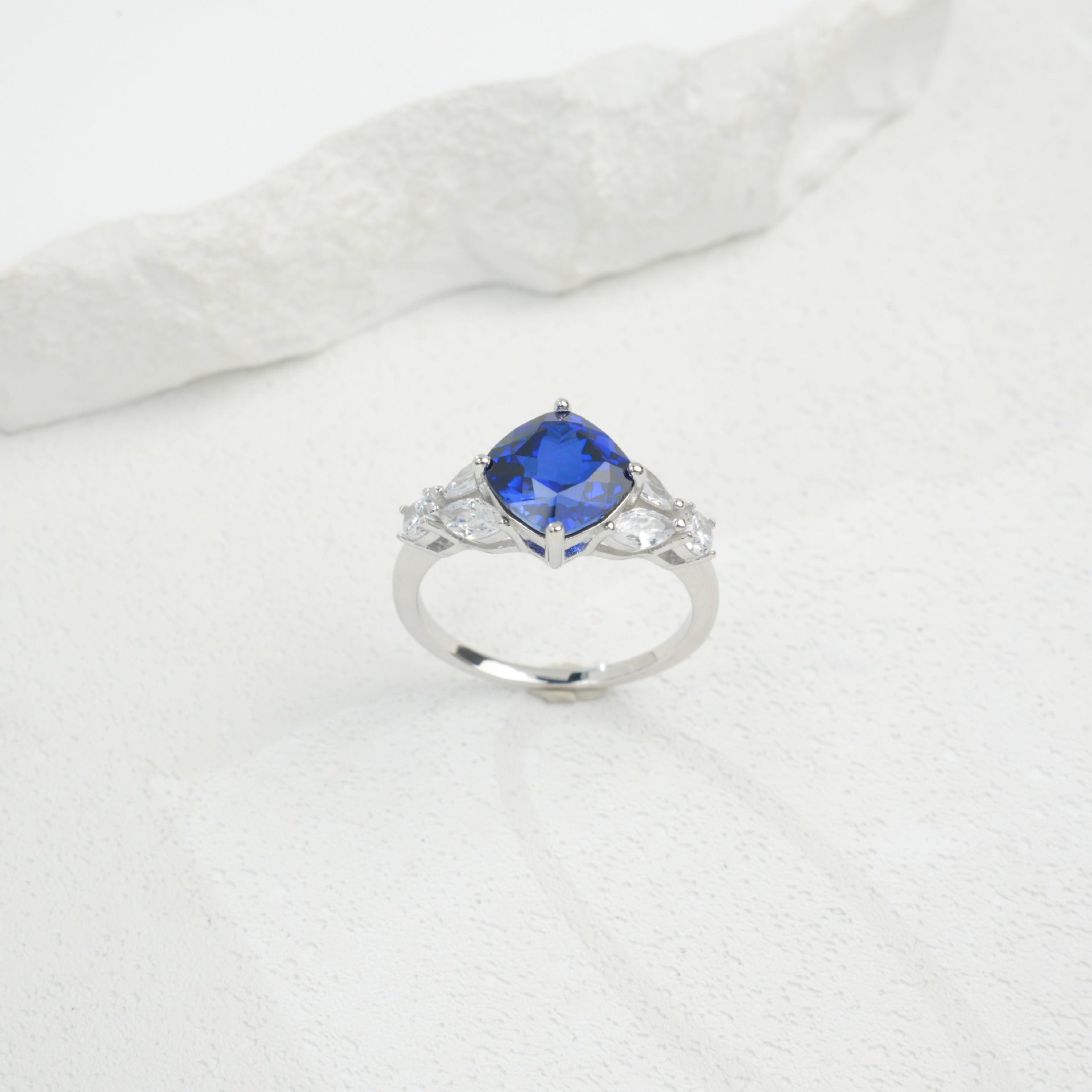 Bold Square Sapphire Sterling Silver Ring, Diamond Ring Proposal - Photo 3