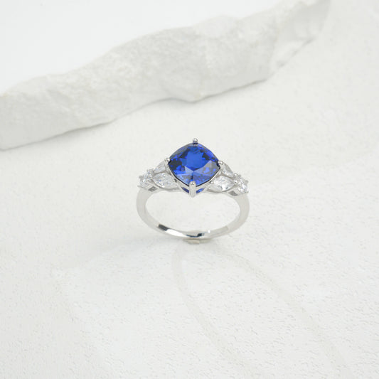 Bold Square Sapphire Sterling Silver Ring, Diamond Ring Proposal - Photo 3