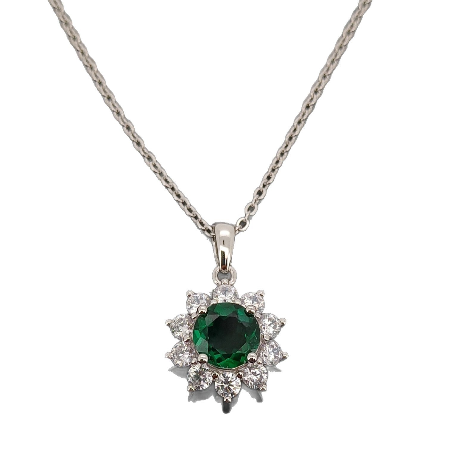 S925 Sterling Silver Lab Emerald Sunflower Halo Pendant Necklace, Vintage Versatile - Photo 5