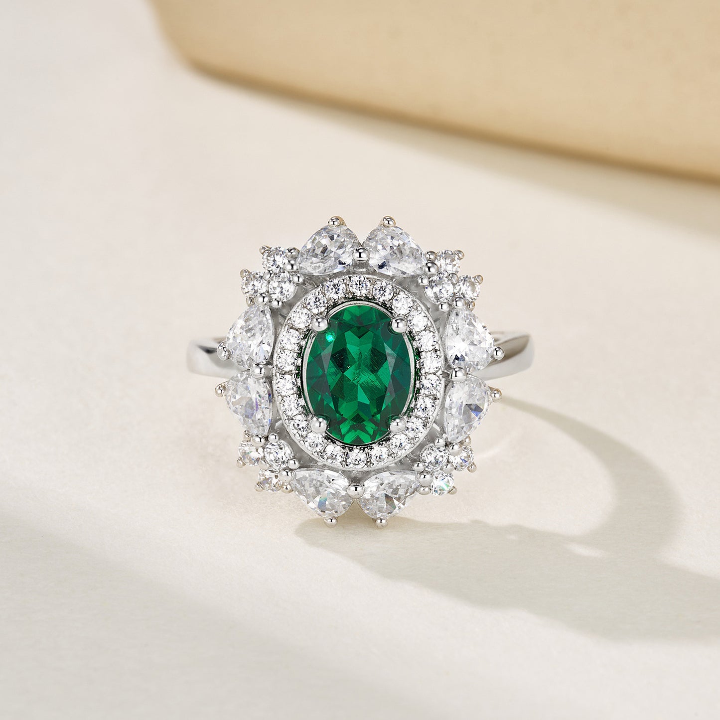 S925 Sterling Silver Lab Emerald Sunflower Halo Open Ring, for Women - Photo 2
