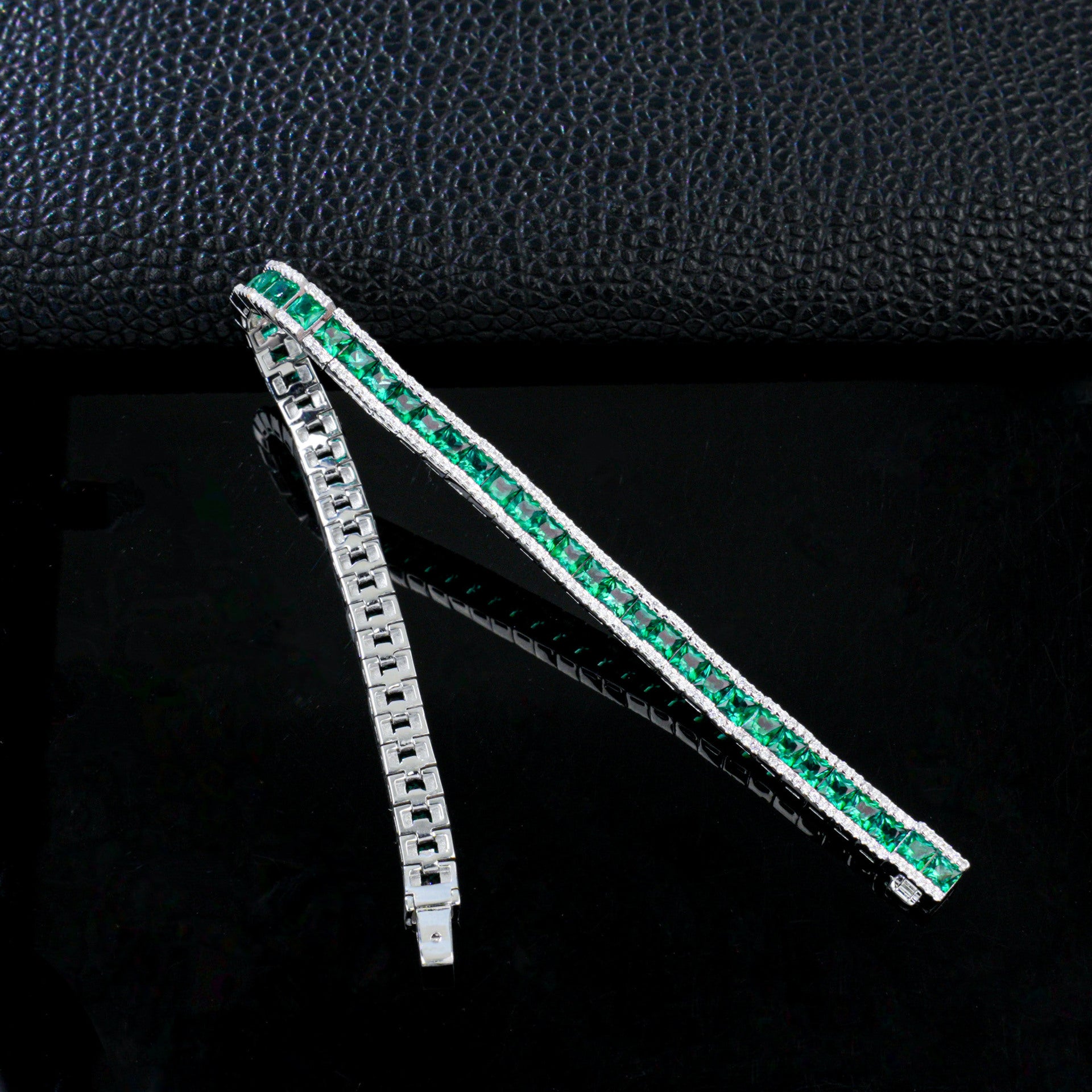 S925 Silver Step-Cut Lab Emerald Double-Side Dense-Set Bracelet, Jewellery - Photo 4