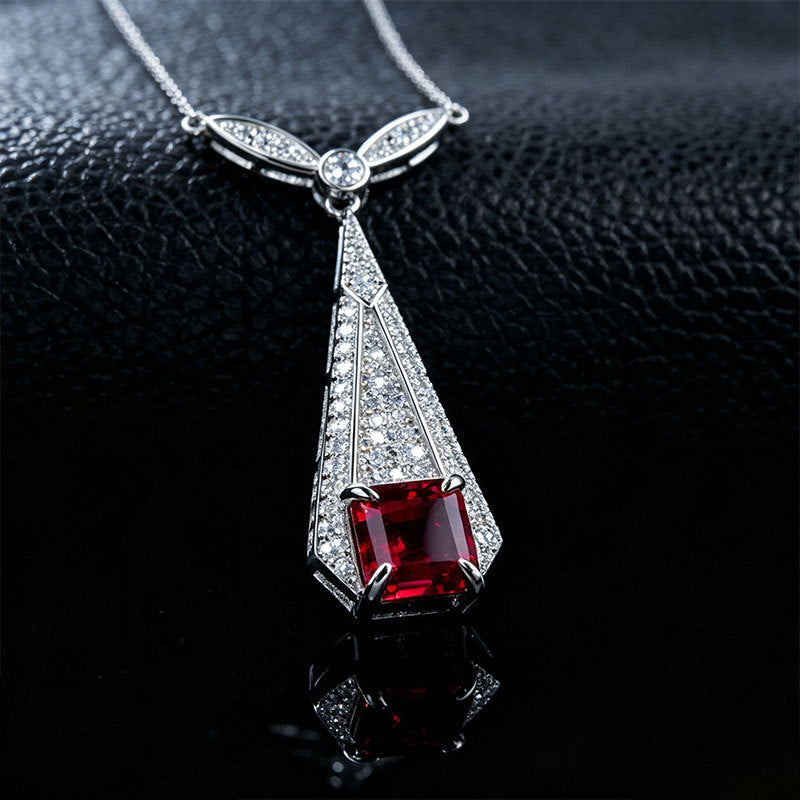 S925 Silver Vintage Square Lab Ruby Necklace, Full Diamond Geometric - Photo 2