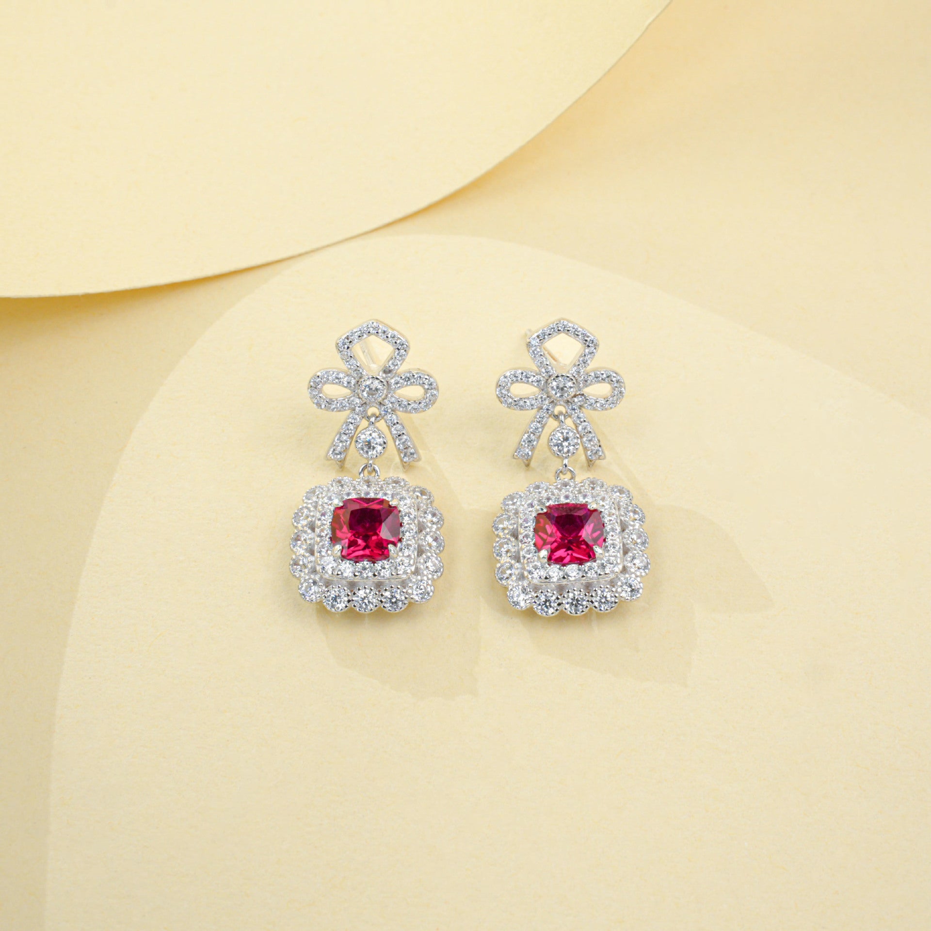 S925 Sterling Silver Lab Ruby French Vintage Bowknot Square Pave Earrings - Photo 3