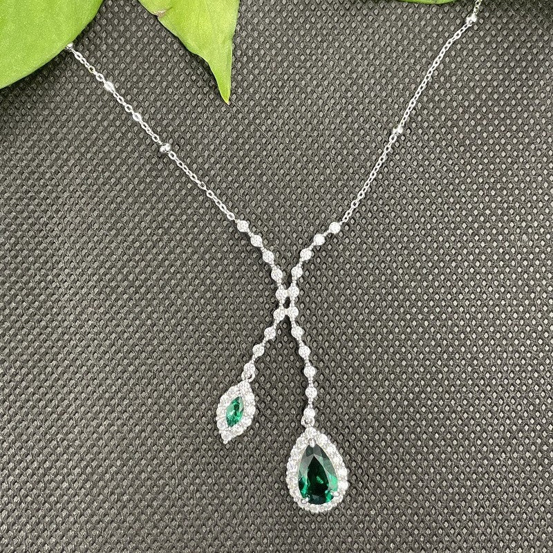 S925 Sterling Silver Emerald Double Teardrop Full Diamond Necklace, Premium Choker Versatile - Photo 4