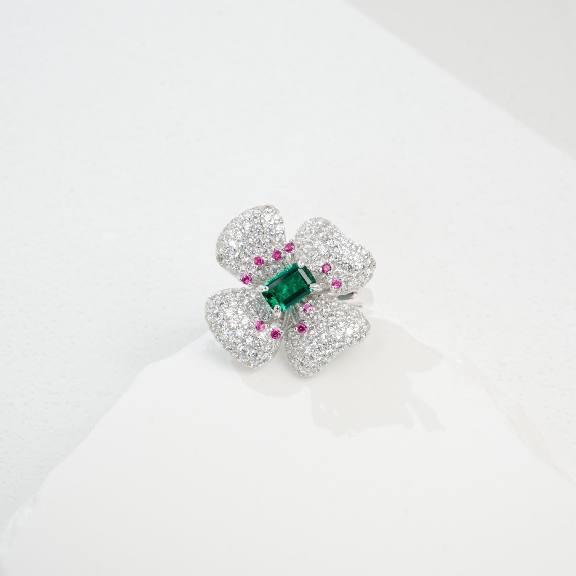 S925 Sterling Silver Gemstone Flower Ring, Designer Versatile Premium - Photo 3