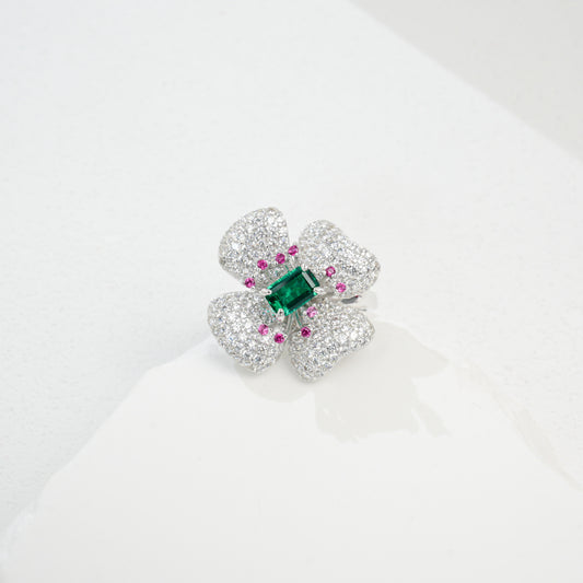 S925 Sterling Silver Gemstone Flower Ring, Designer Versatile Premium - Photo 3