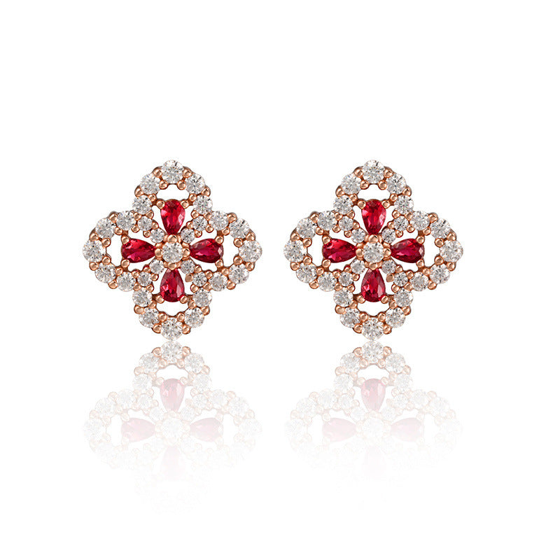 Lab Ruby S925 Silver Four-Leaf Clover Stud Earrings, Premium - Photo 5