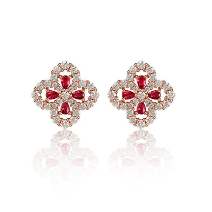 Lab Ruby S925 Silver Four-Leaf Clover Stud Earrings, Premium - Photo 5