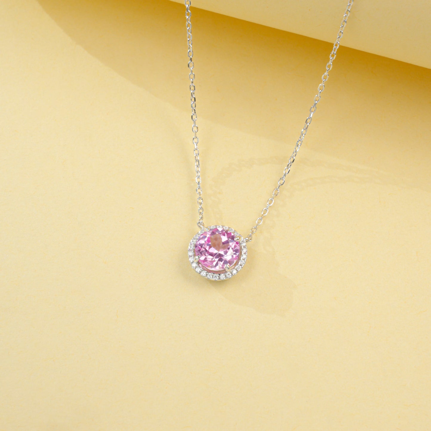 S925 Silver Classic Lab Pink Sapphire Single-Halo Necklace, Gentle Anniversary Gift - Photo 4