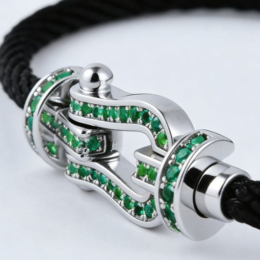 S925 Sterling Silver Lab Emerald Horseshoe Pave Black Cord Bracelet, Vintage Minimalist - Photo 3