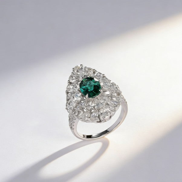 S925 Sterling Silver Lab Emerald Floral Cluster Pave Ring, Premium Elegant for Women - Photo 4