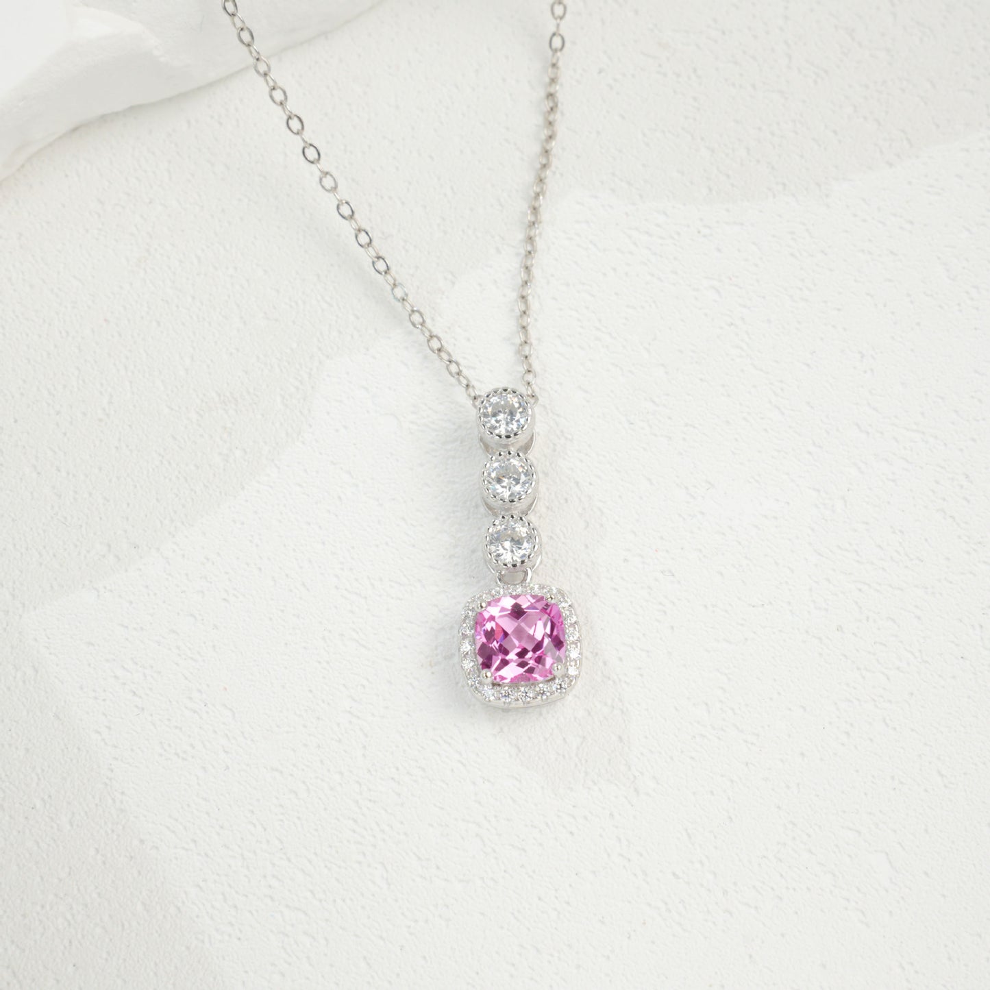S925 Sterling Silver Lab Padparadscha Pave Step-Cut Pendant Necklace, for Women - Photo 3