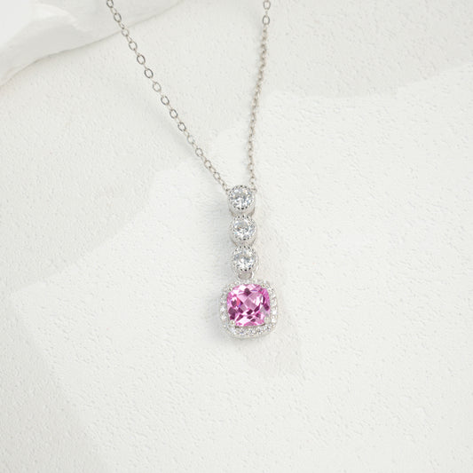 S925 Sterling Silver Lab Padparadscha Pave Step-Cut Pendant Necklace, for Women - Photo 3