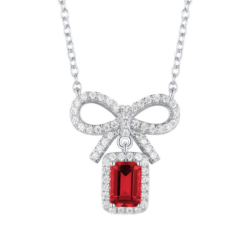 925 Sterling Silver Lab Ruby Bowknot Necklace, Vintage for Women - Photo 5