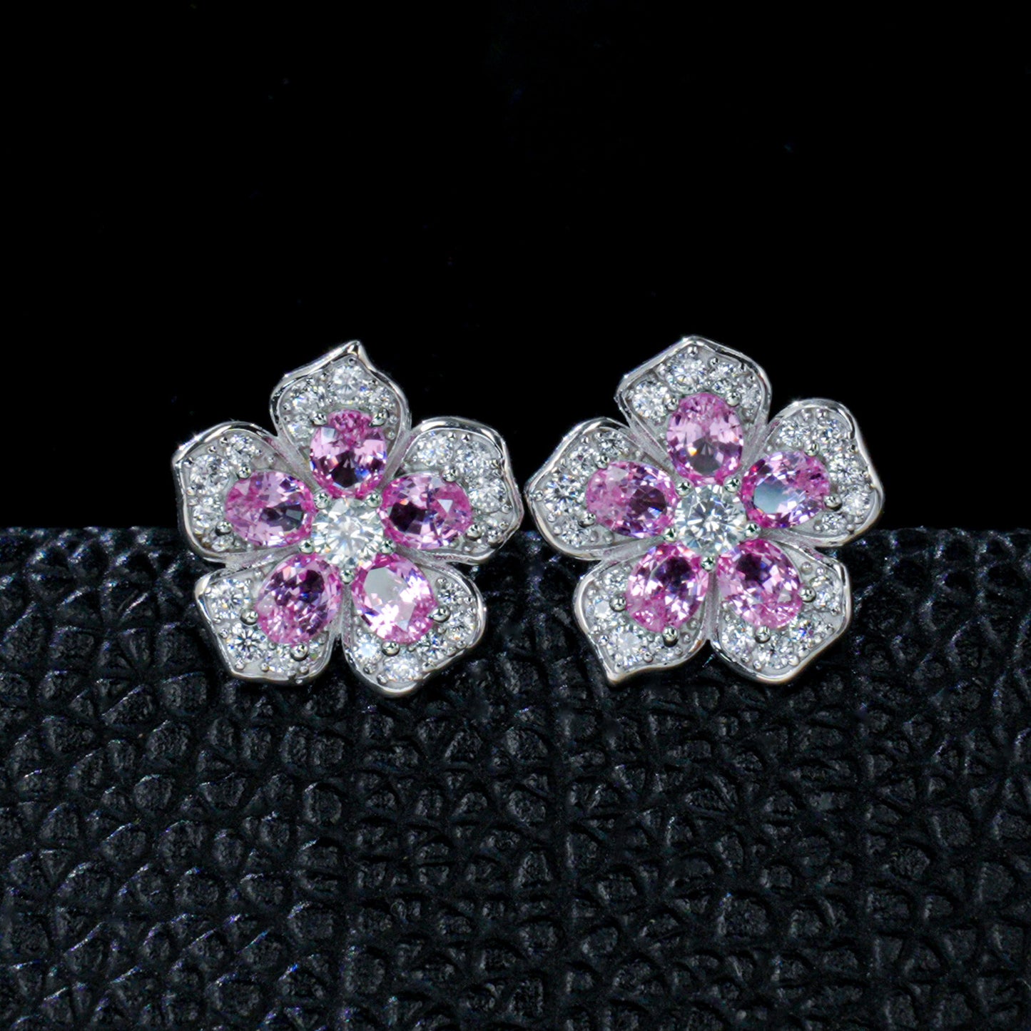 S925 Silver Sakura Stud Earrings, Lab Pink Sapphire - Photo 2