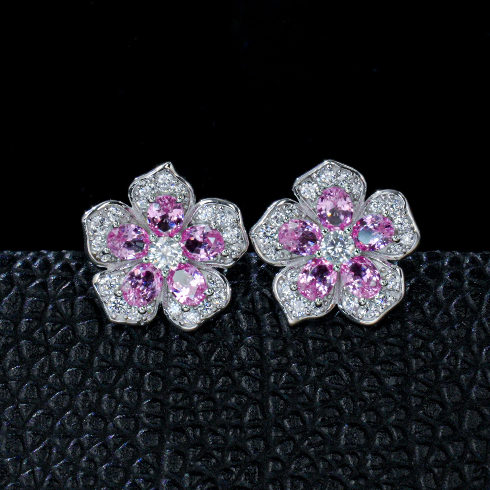 S925 Silver Sakura Stud Earrings, Lab Pink Sapphire - Photo 2