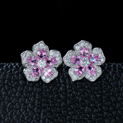 S925 Silver Sakura Stud Earrings, Lab Pink Sapphire - Photo 2