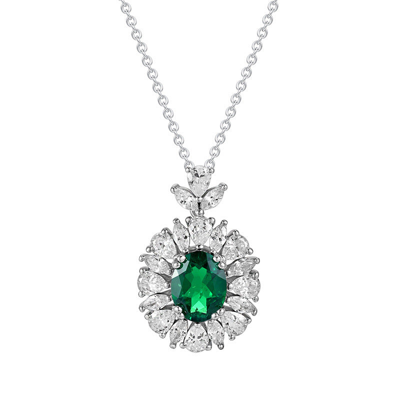 S925 Sterling Silver Oval Emerald Pendant Necklace Halo, Versatile Premium - Photo 3