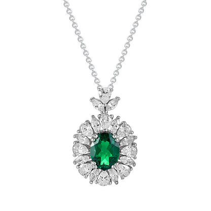 S925 Sterling Silver Oval Emerald Pendant Necklace Halo, Versatile Premium - Photo 3
