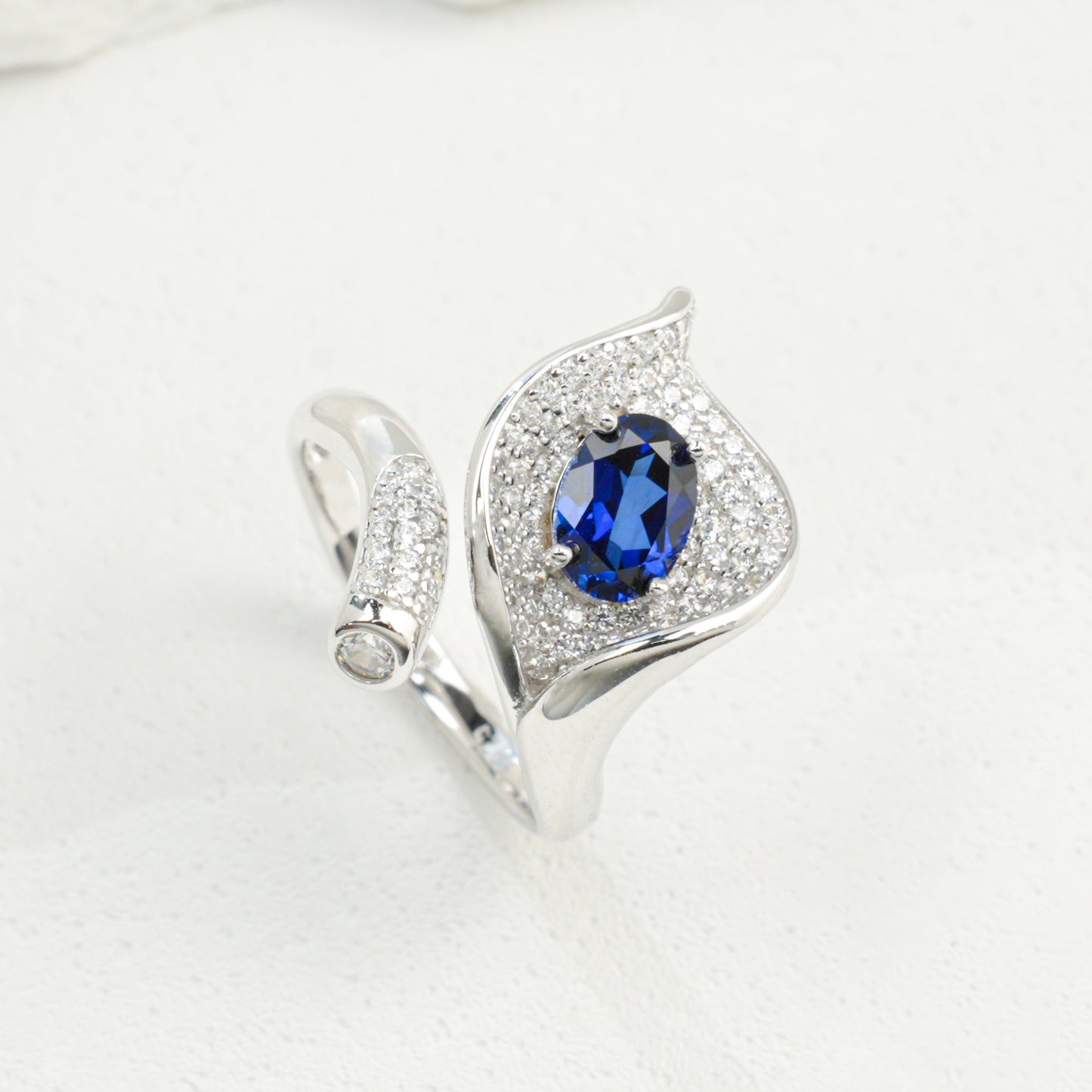 925 Sterling Silver Lab Sapphire Calla Lily Open Pave Ring, Premium for Women - Photo 5
