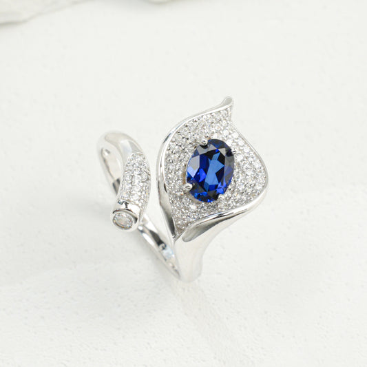 925 Sterling Silver Lab Sapphire Calla Lily Open Pave Ring, Premium for Women - Photo 5