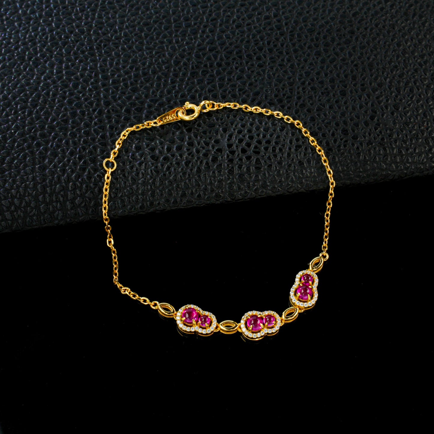 S925 Sterling Silver Lab Pigeon Blood Ruby Gourd Enamel Sparkly Bracelet, Versatile - Photo 3