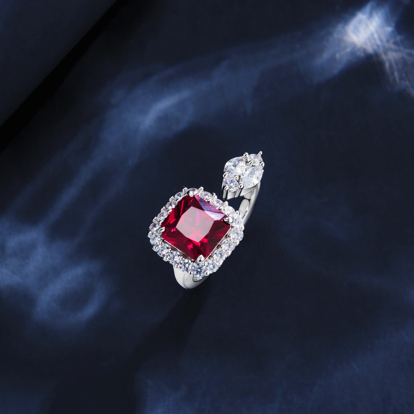 S925 Sterling Silver Lab Ruby Ring Square Halo Teardrop Diamond Two-Stone Design Premium - Photo 4