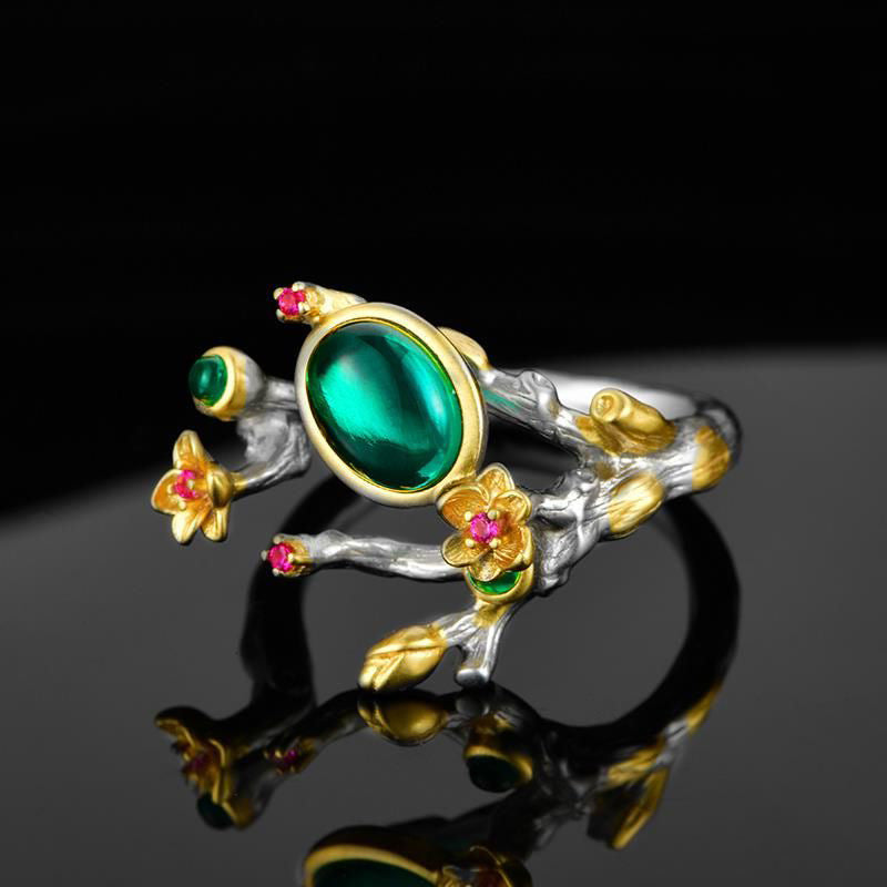 S925 Sterling Silver Lab Emerald Ring Adjustable, Style Design Artistic - Photo 3