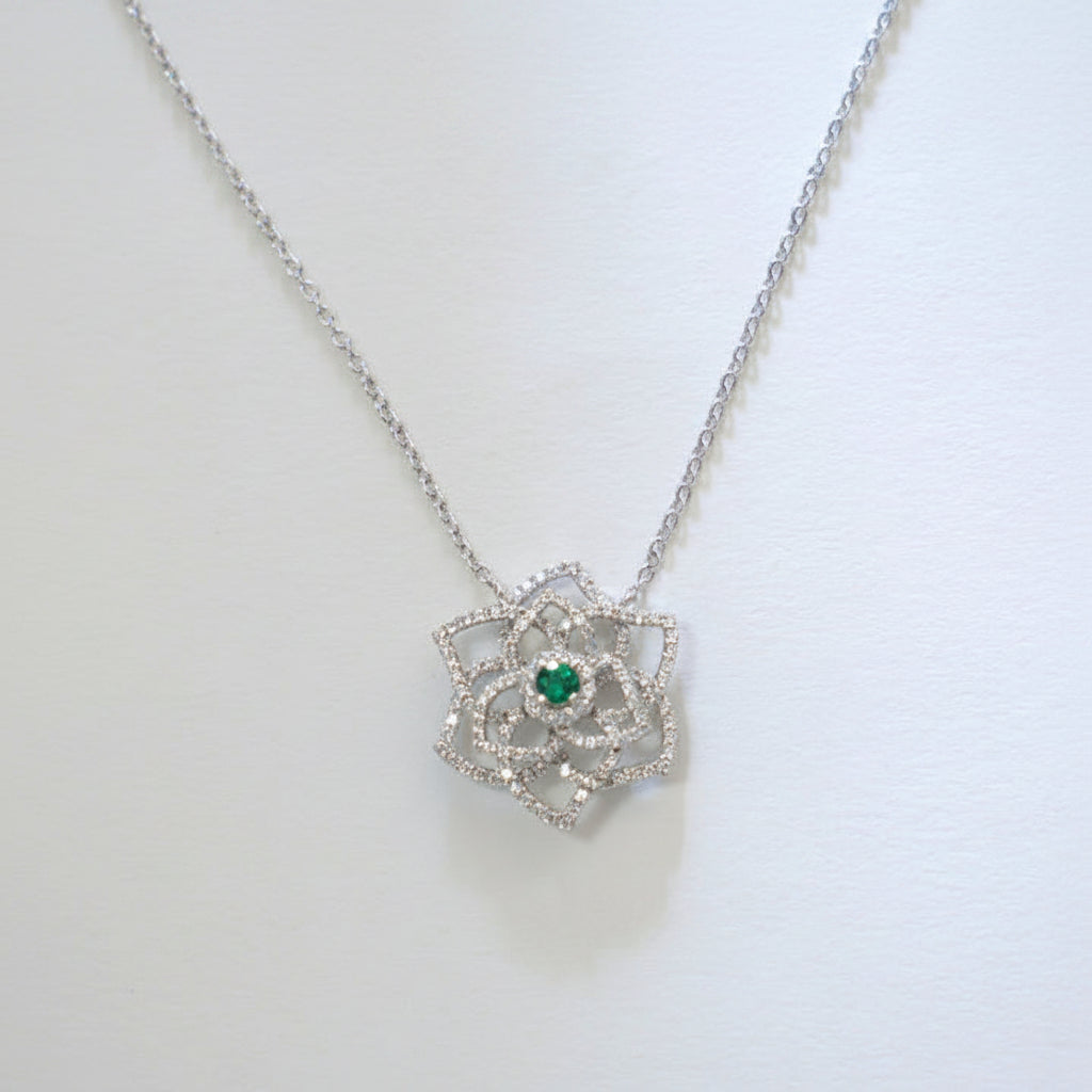 S925 Sterling Silver Lab Emerald Hollow Rose Flower Camellia Full Diamond Necklace Choker - Photo 2