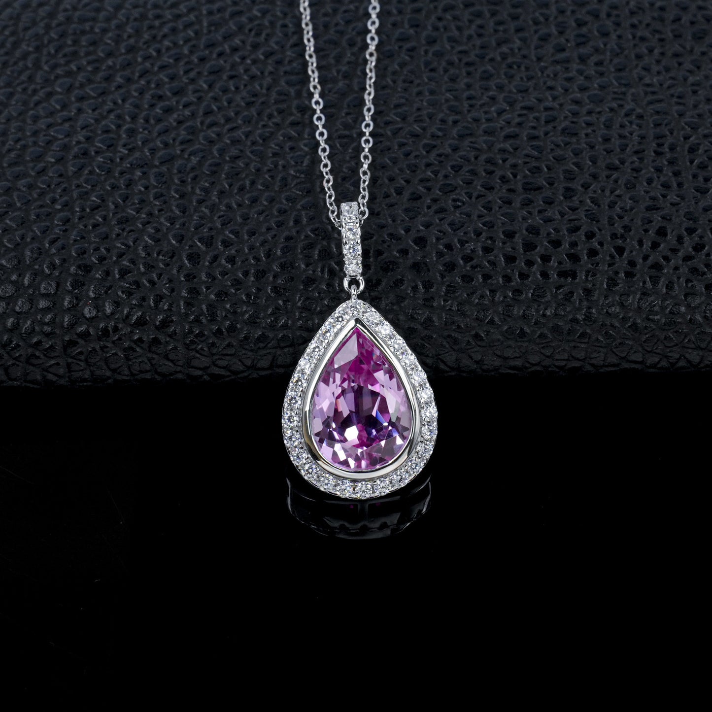 S925 Silver Pear Teardrop Lab Pink Gemstone Full-Halo Pendant Necklace, Birthday Gift - Photo 2