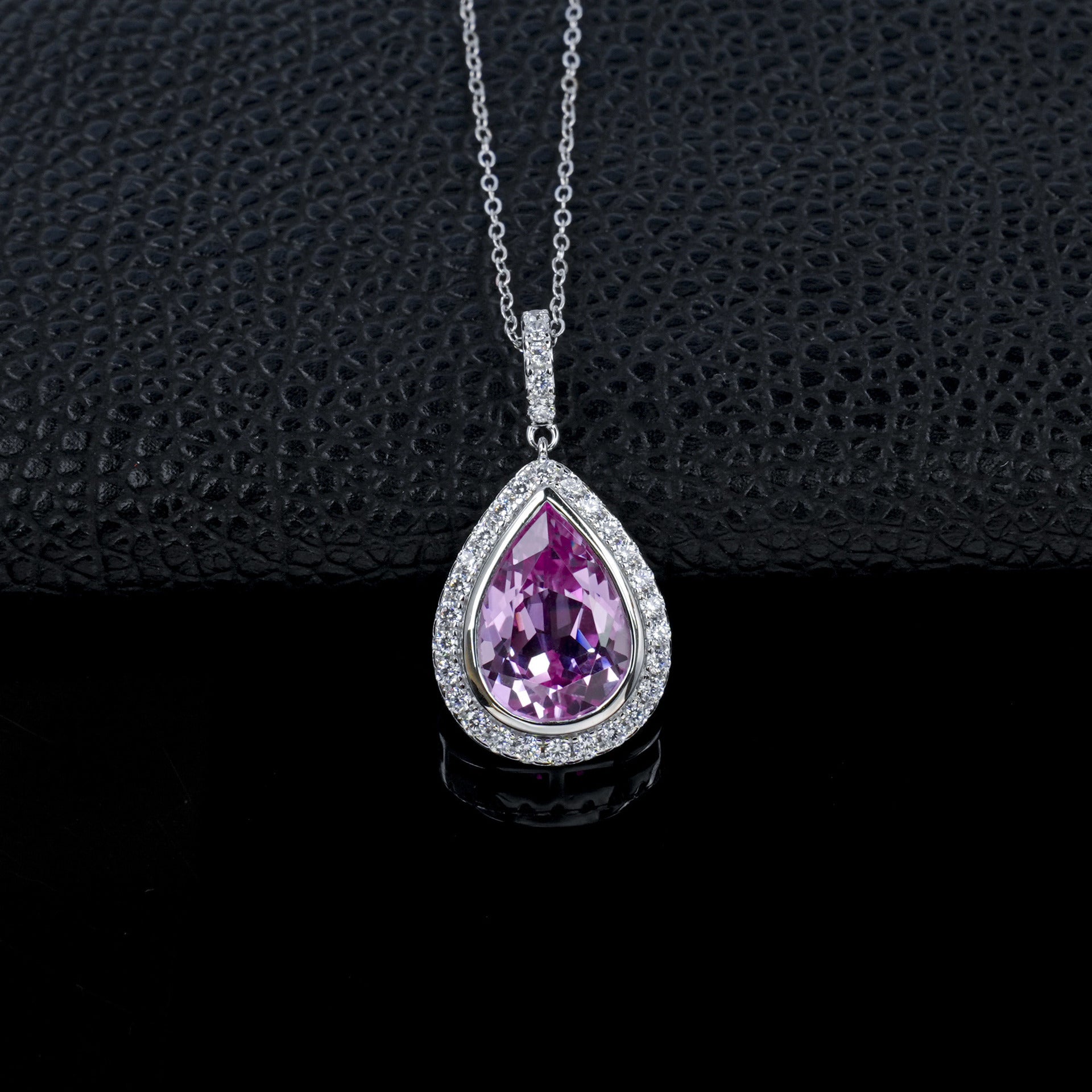 S925 Silver Pear Teardrop Lab Pink Gemstone Full-Halo Pendant Necklace, Birthday Gift - Photo 2