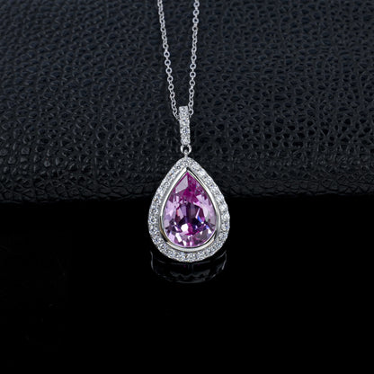 S925 Silver Pear Teardrop Lab Pink Gemstone Full-Halo Pendant Necklace, Birthday Gift - Photo 2