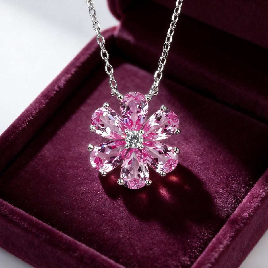 S925 Sterling Silver Pink Diamond Cherry Blossom Choker Necklace, Versatile Elegant for Women - Photo 4