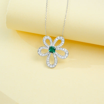 S925 Silver Five-Petal Flower Lab Emerald Diamond Halo, Women's Choker - Photo 2