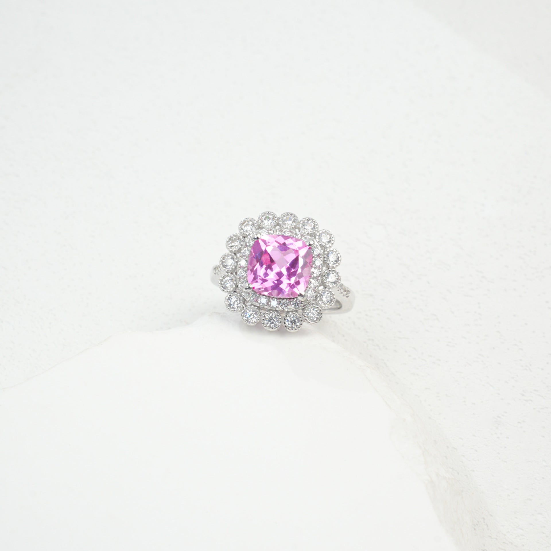S925 Sterling Silver Lab Padparadscha Sparkly Pave Ring, Elegant for Women - Photo 3