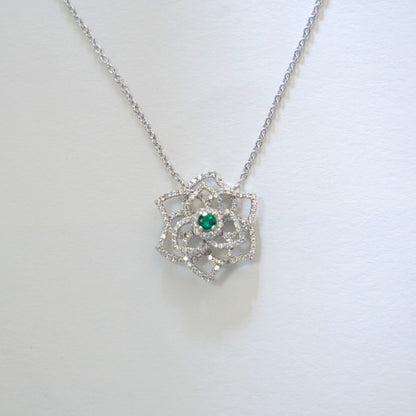 S925 Sterling Silver Lab Emerald Hollow Rose Flower Camellia Full Diamond Necklace Choker - Photo 5